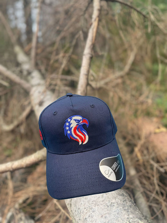 Navy blue cap with a colorful logo on a branch red white and blue eagle