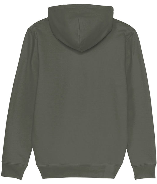 Back view of a plain dark green hoodie on a white background