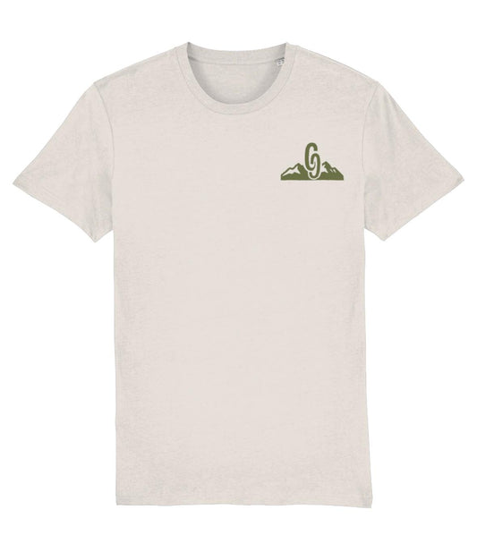 Beige t-shirt with a green logo on a white background front view country caps