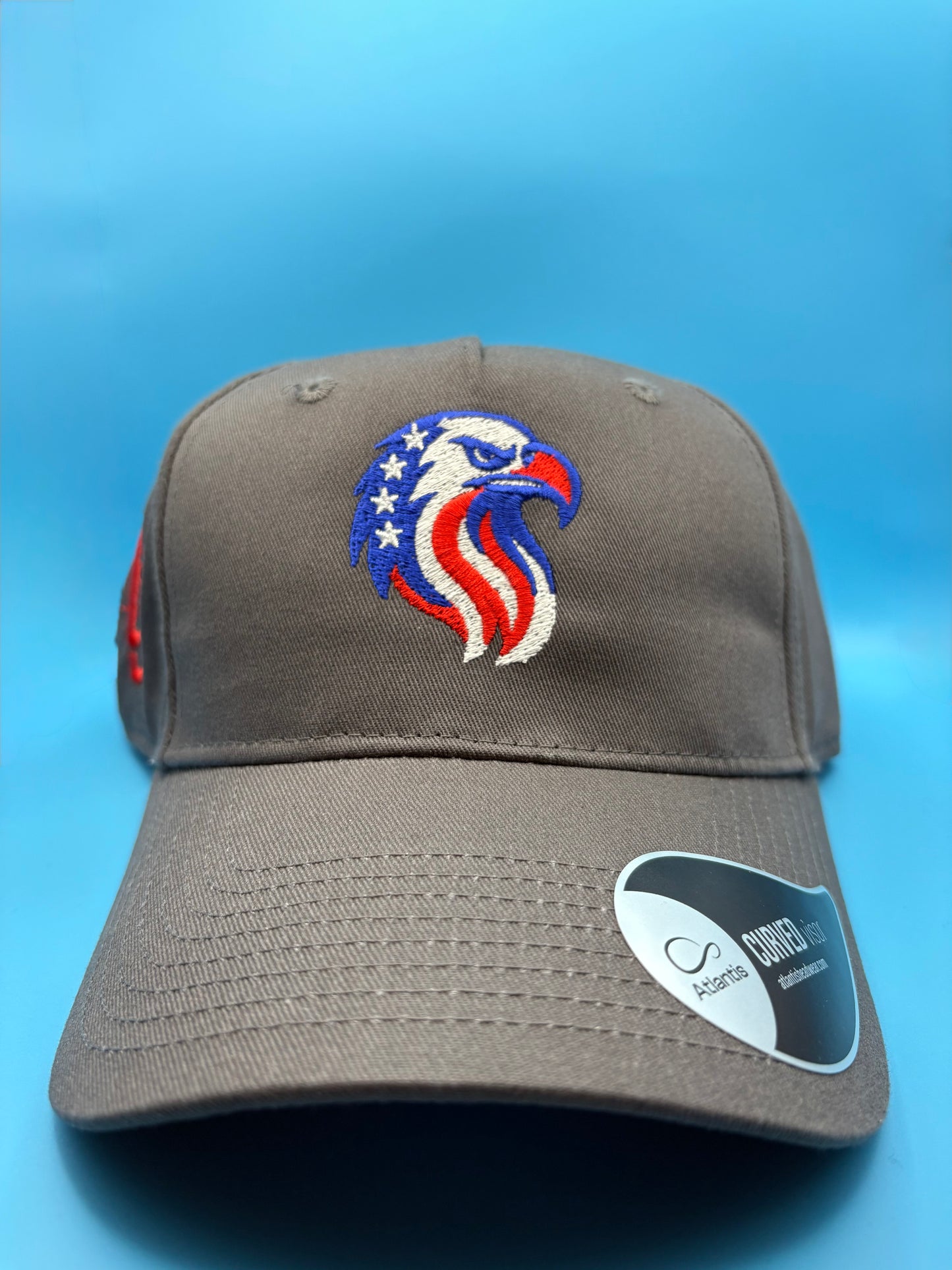 Gray cap with a colourful eagle emblem on a blue background front view