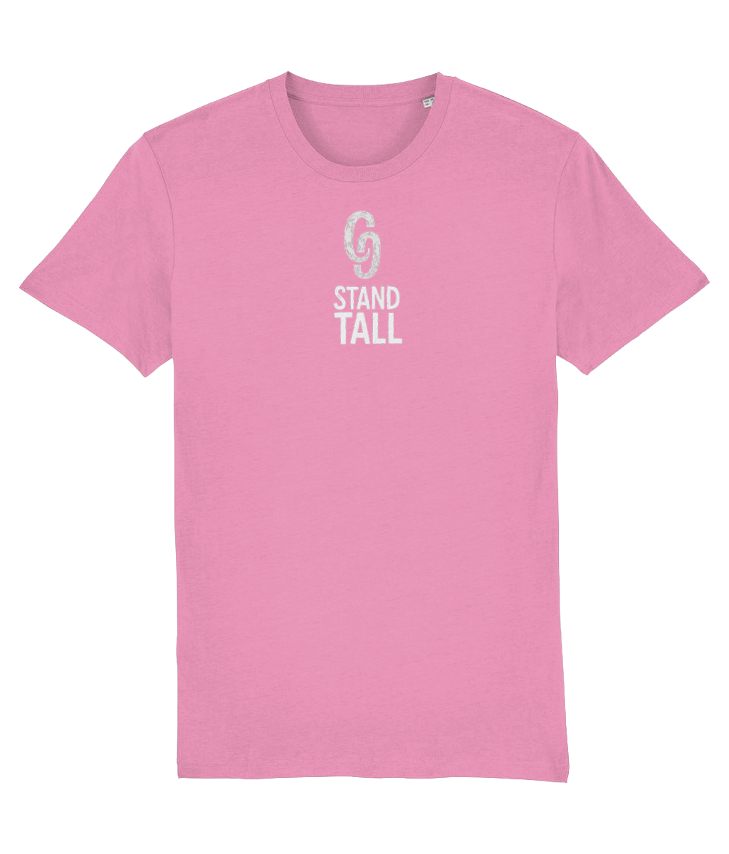 Pink t-shirt with 'Stand Tall' text and logo on a white background