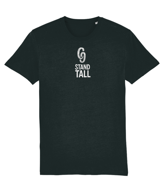 Black t-shirt with 'Stand Tall' text and logo on a white background CG country caps