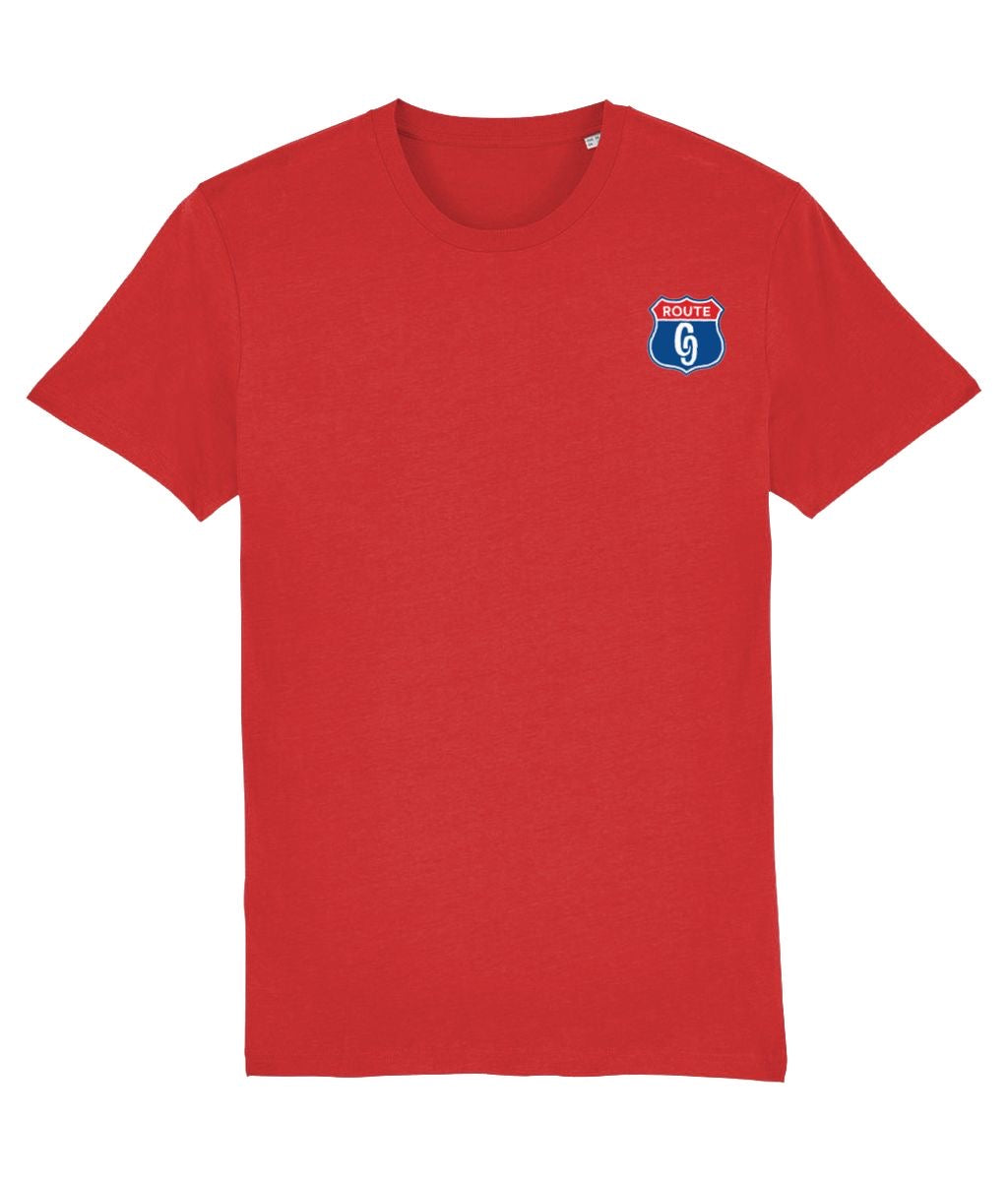 Red t-shirt with a small logo on the chest against a white background