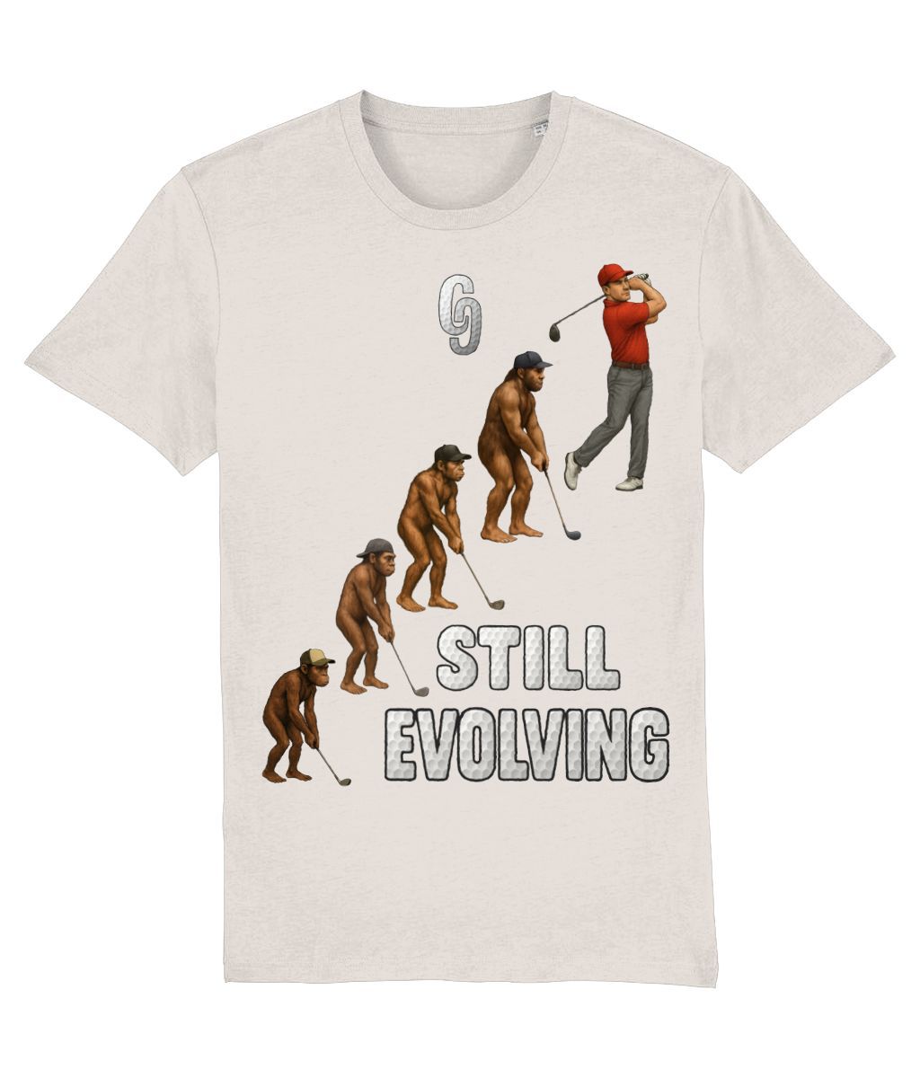 White t-shirt with a graphic of human evolution to a golfer and 'Still Evolving' text on a white background Golf T-shirt