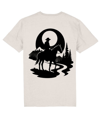 White t-shirt with a black silhouette of a cowboy on a horse, mountains, and trees design.