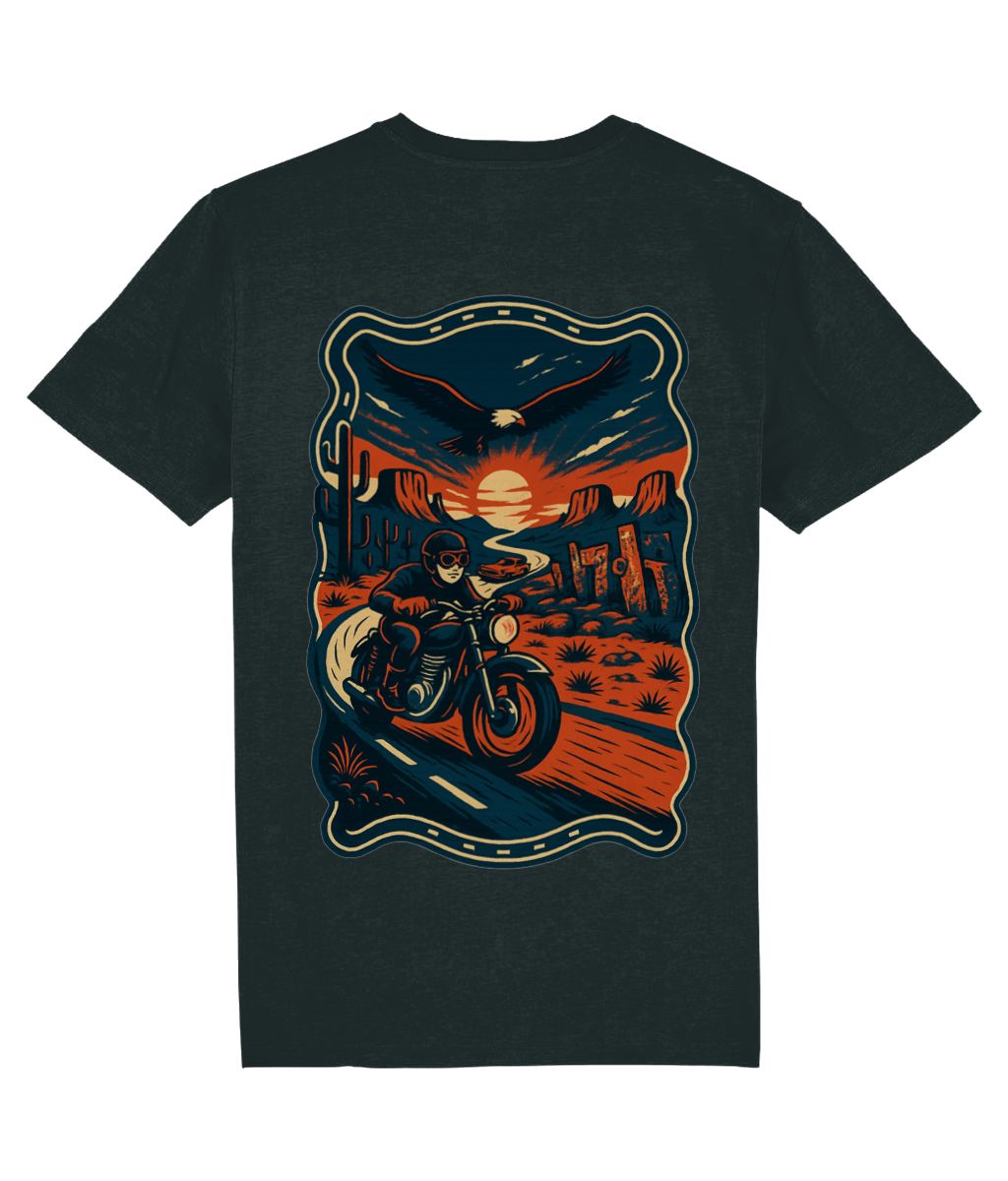 Black t-shirt with a graphic of a person on a motorcycle in a desert landscape. Route 66