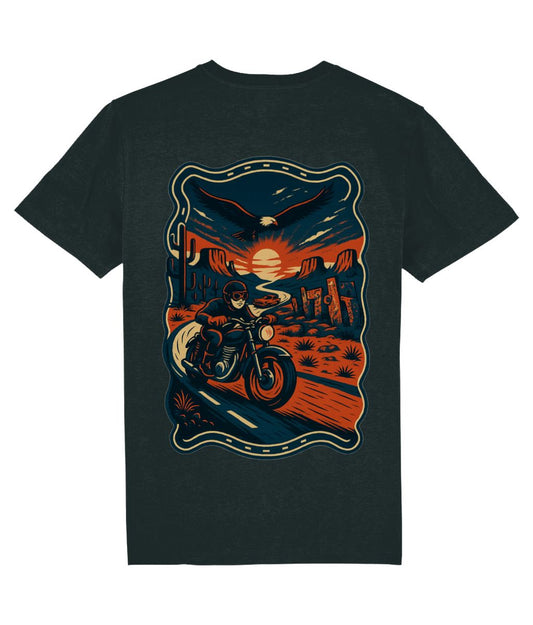 Black t-shirt with a graphic of a person on a motorcycle in a desert landscape. Route 66