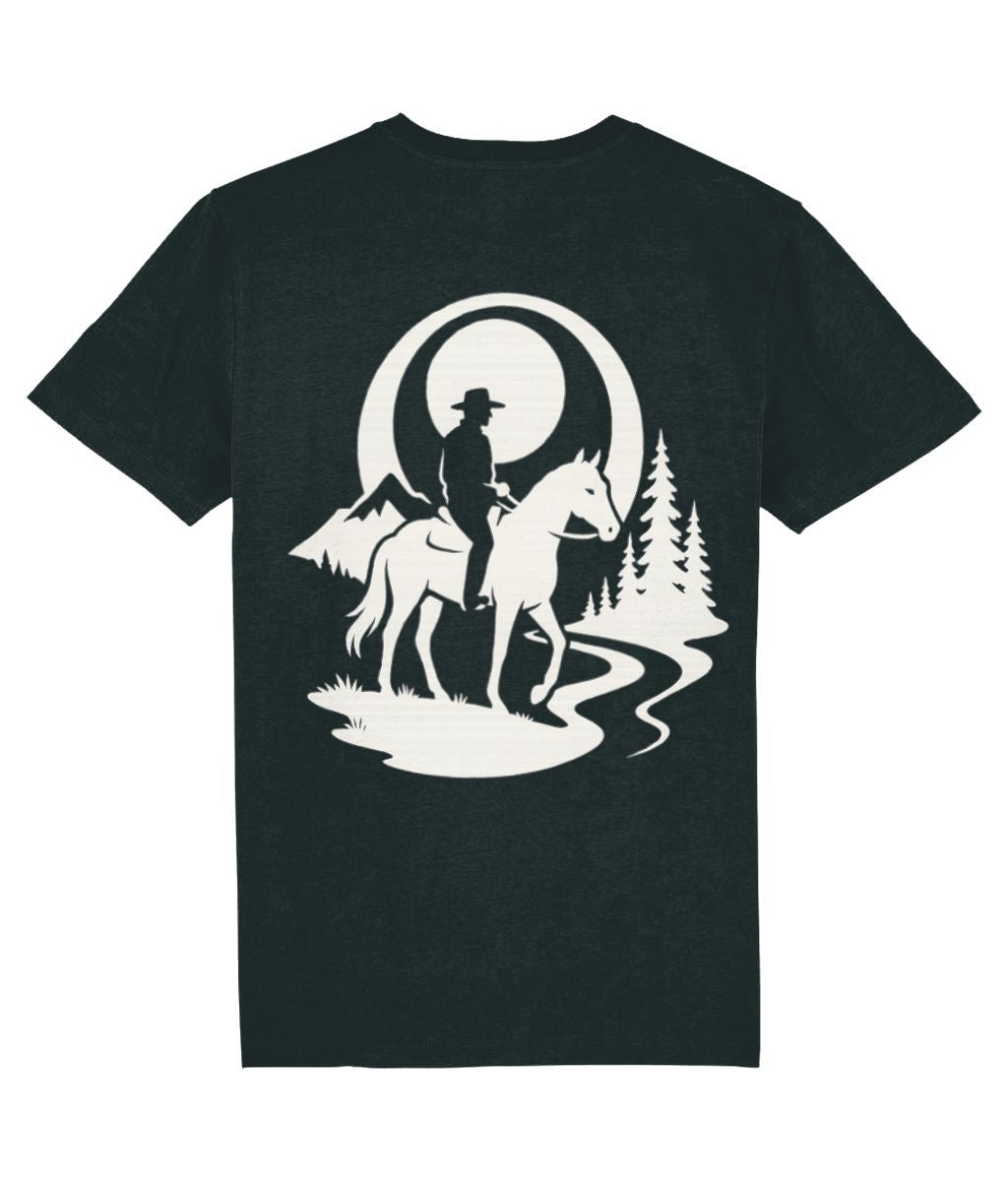 Black t-shirt with a white graphic of a person on a horse, moon, and trees on a white background oversized