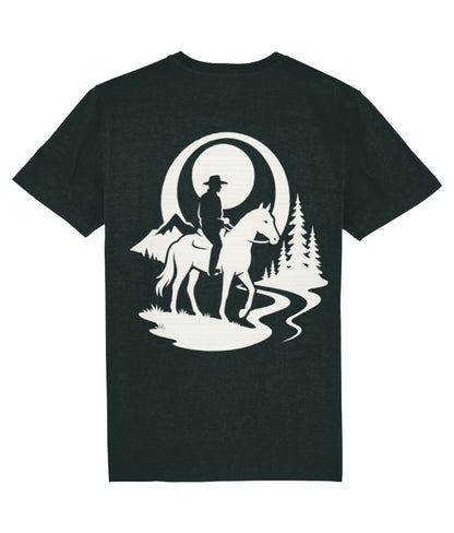 Black t-shirt with a white graphic of a person on a horse, moon, and trees on a white background oversized