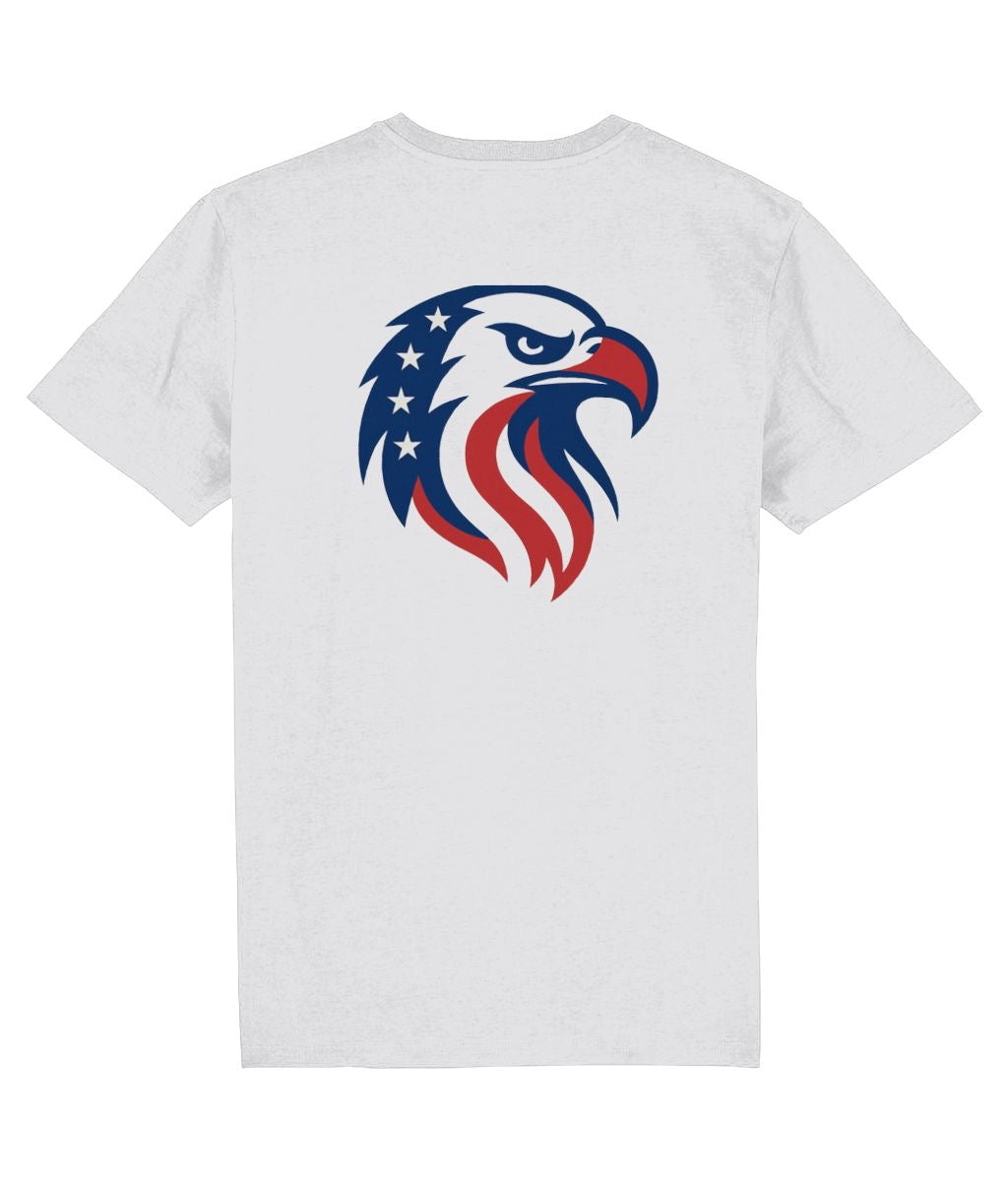 White t-shirt with a colorful eagle design on a white background
