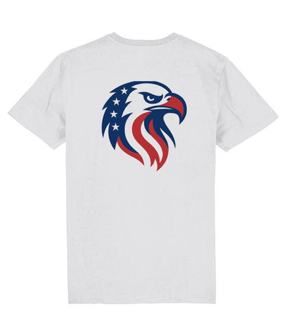 White t-shirt with a colorful eagle design on a white background