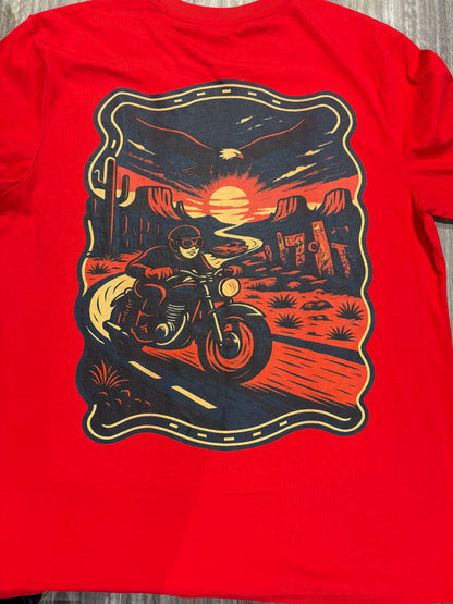 Black t-shirt with a graphic of a person on a motorcycle in a desert landscape. Route 66