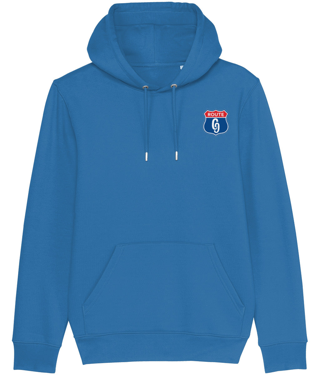 Blue hoodie with a logo on the chest against a white background