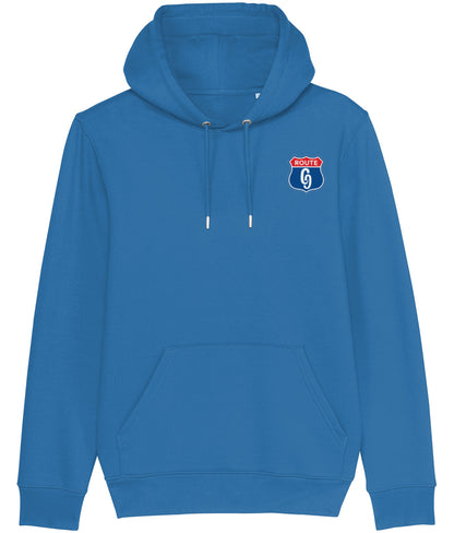 Blue hoodie with a logo on the chest against a white background