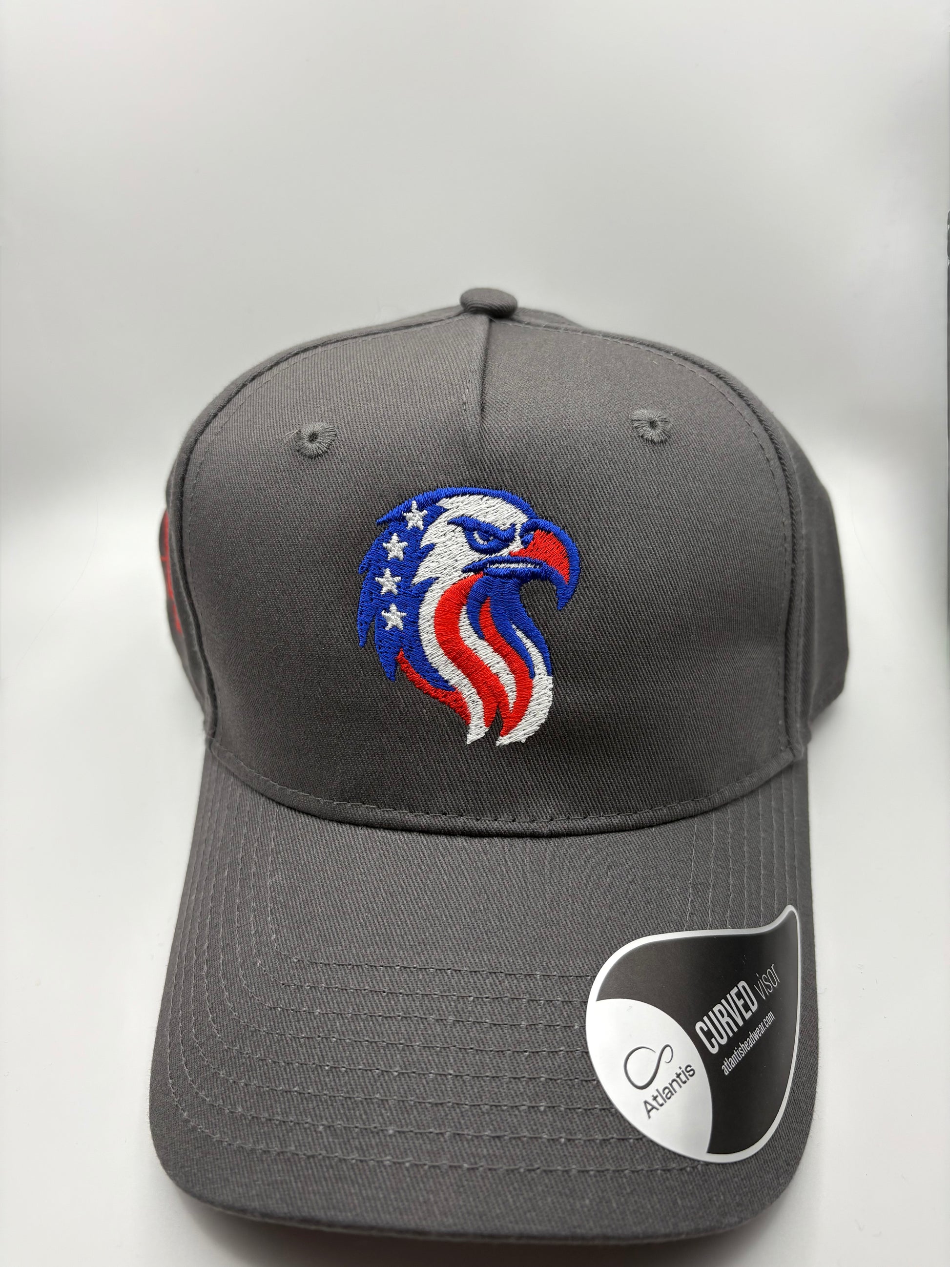Grey country cap featuring embroidered front view of CG's Eagle 