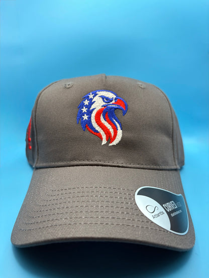 Gray cap with a colourful eagle emblem on a blue background front view 
