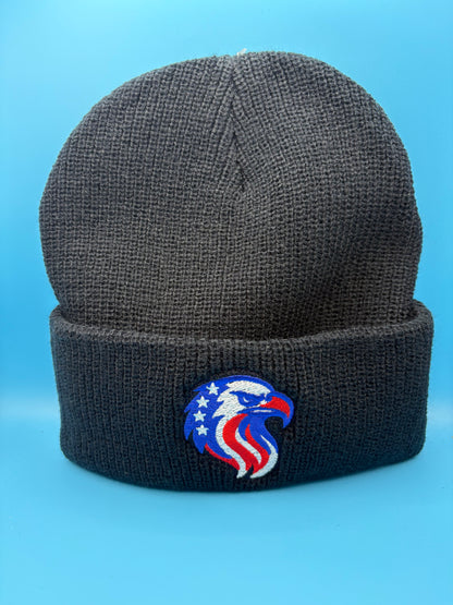 Dark Navy beanie with a colorful logo on a blue background
