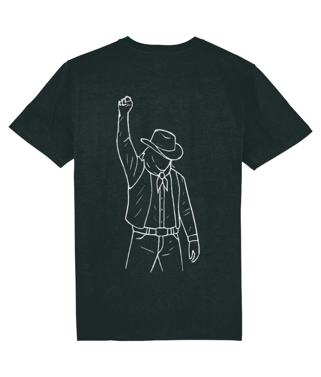 Black t-shirt with a white outline of a Cowboy wearing a cowboy hat and jacket on the back, against a white background.
