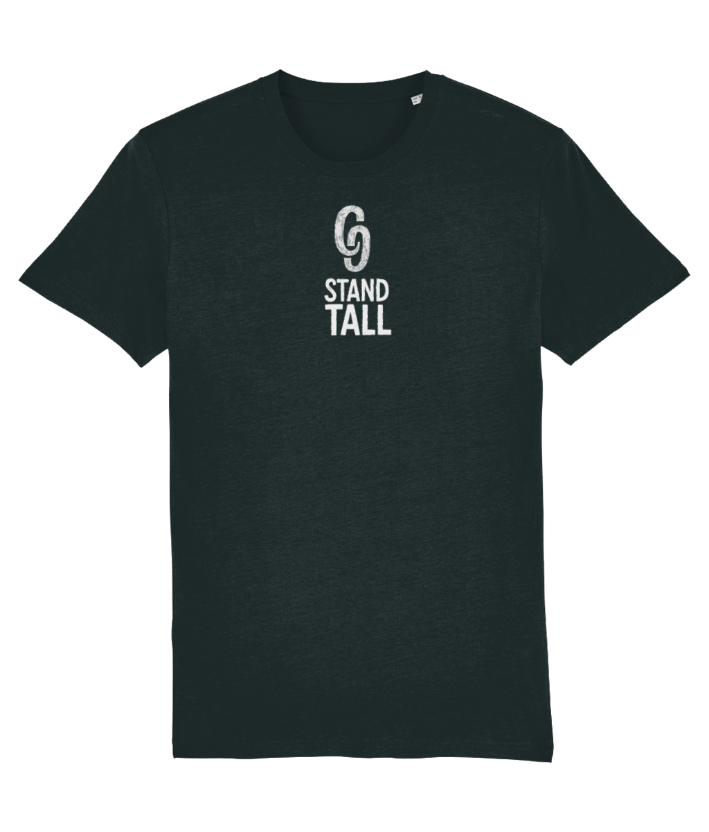 Black t-shirt with 'Stand Tall' text and logo on a white background CG country caps