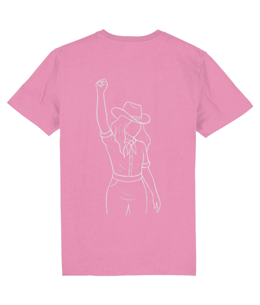 Pink t-shirt with a white outline of a Cowgirl wearing a cowgirl hat and raising a fist on the back.
