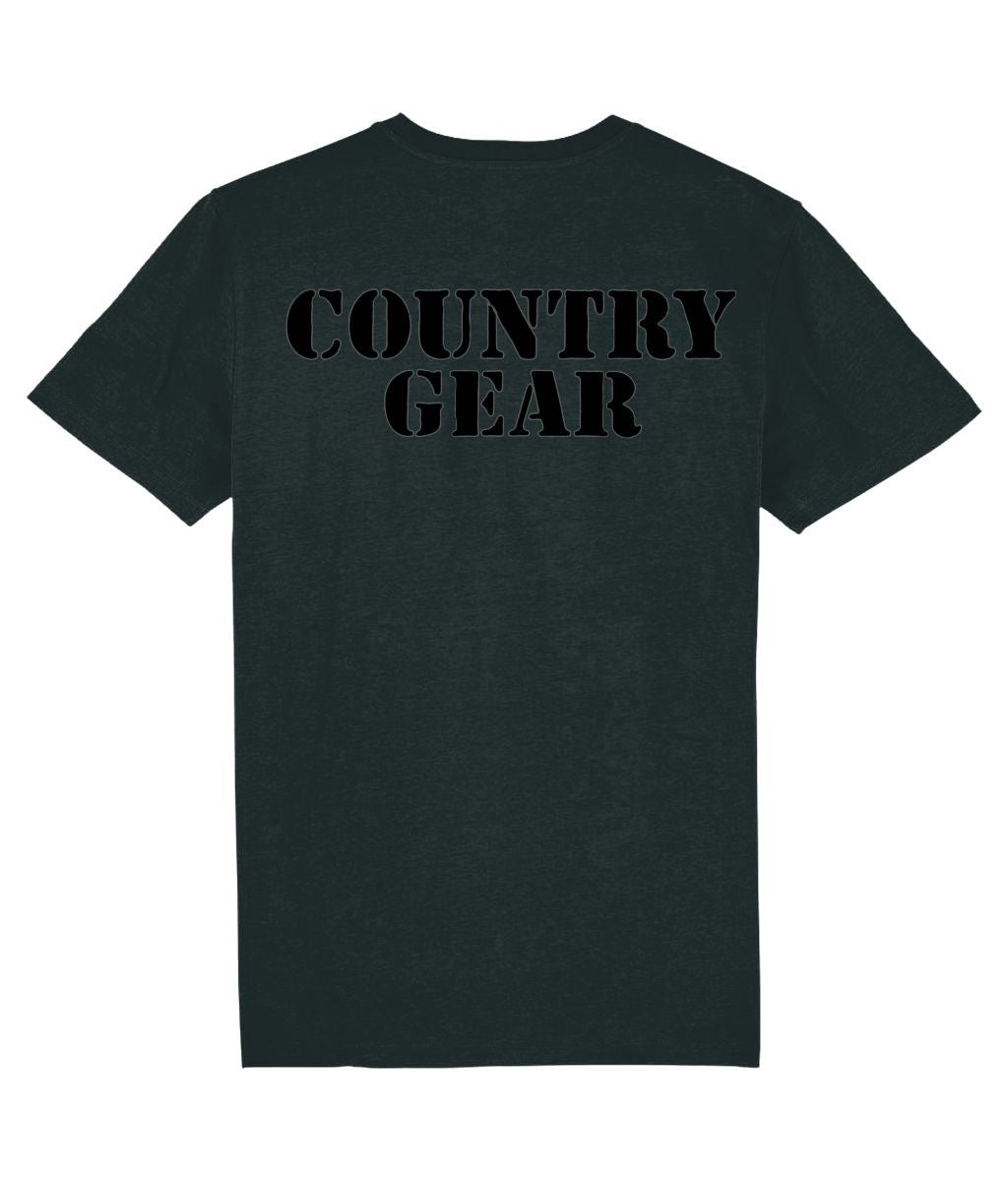 Black t-shirt with 'COUNTRY GEAR' text on the back against a white background
