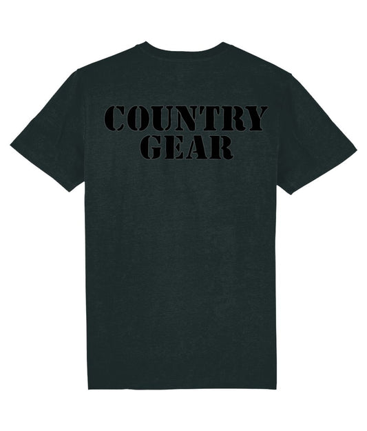 Black t-shirt with 'COUNTRY GEAR' text on the back against a white background