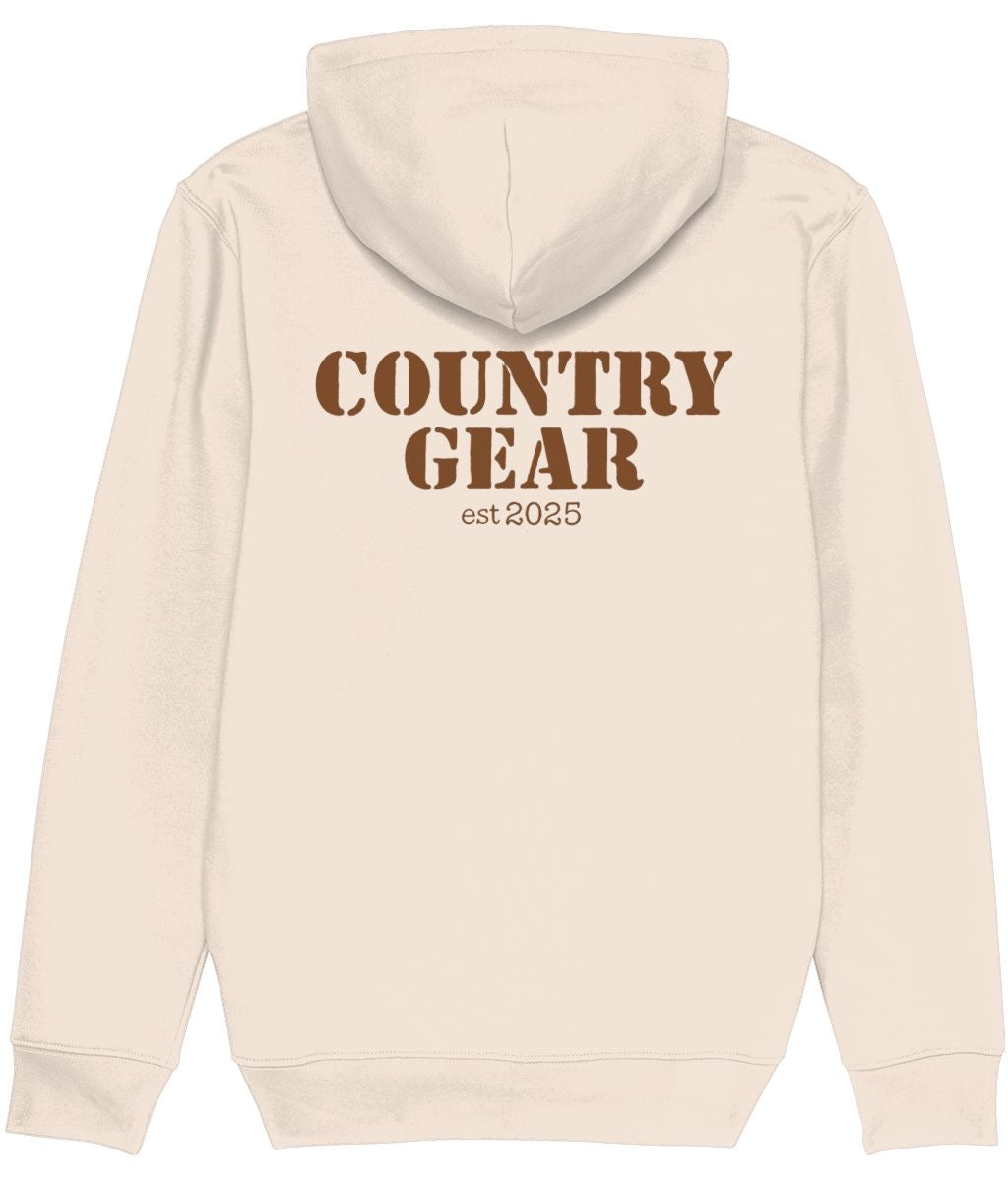 Beige hoodie with 'Country Gear est 2025' text on the back against a white background
