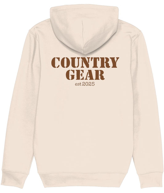 Beige hoodie with 'Country Gear est 2025' text on the back against a white background