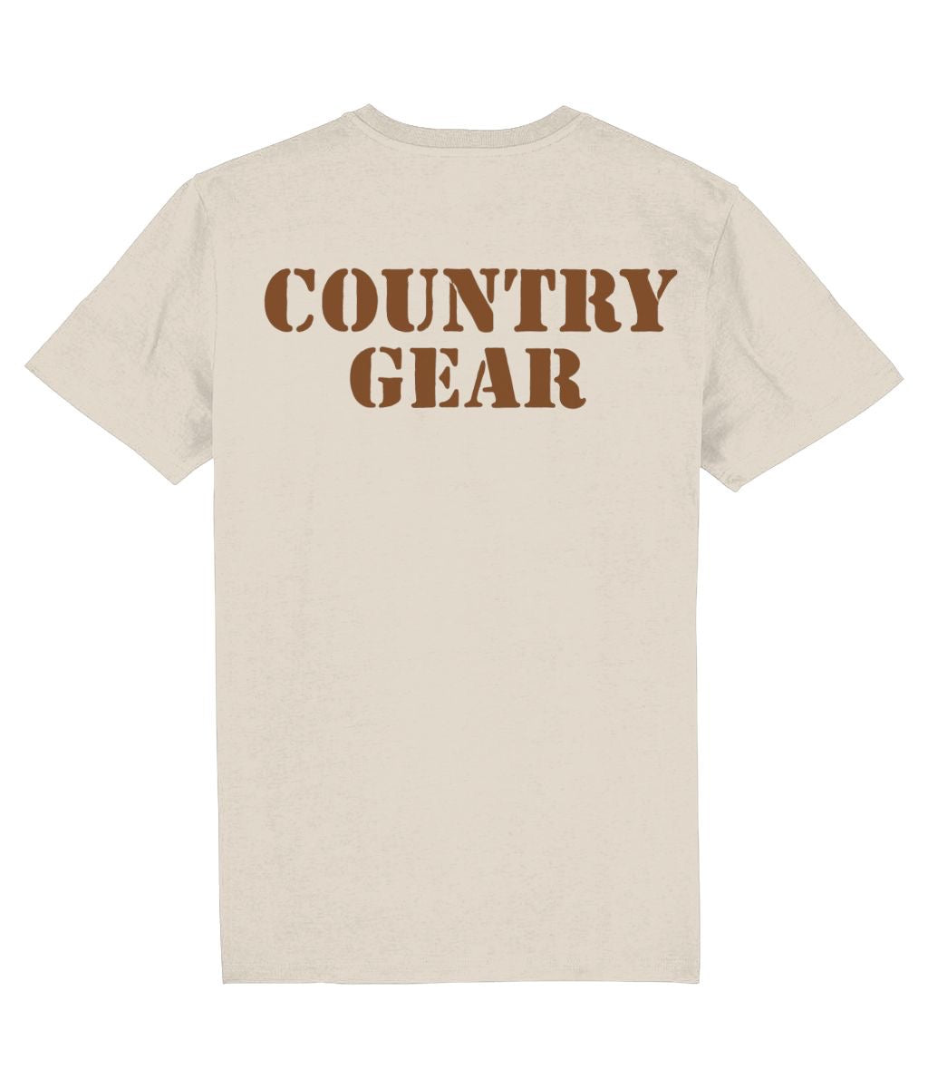Beige t-shirt with 'COUNTRY GEAR' text on the back against a white background