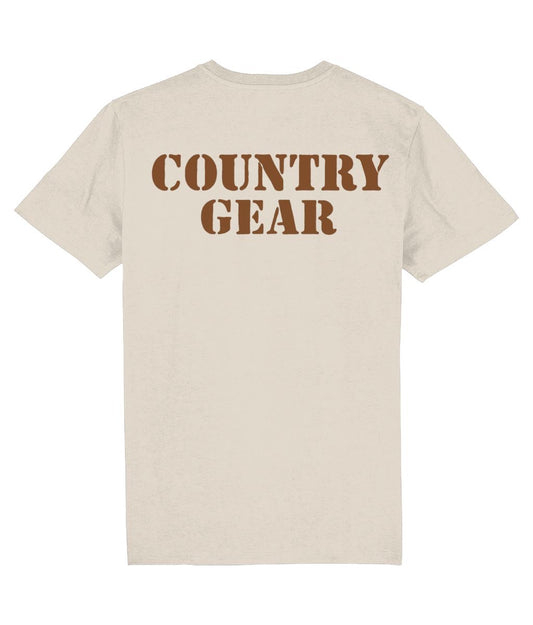 Beige t-shirt with 'COUNTRY GEAR' text on the back against a white background