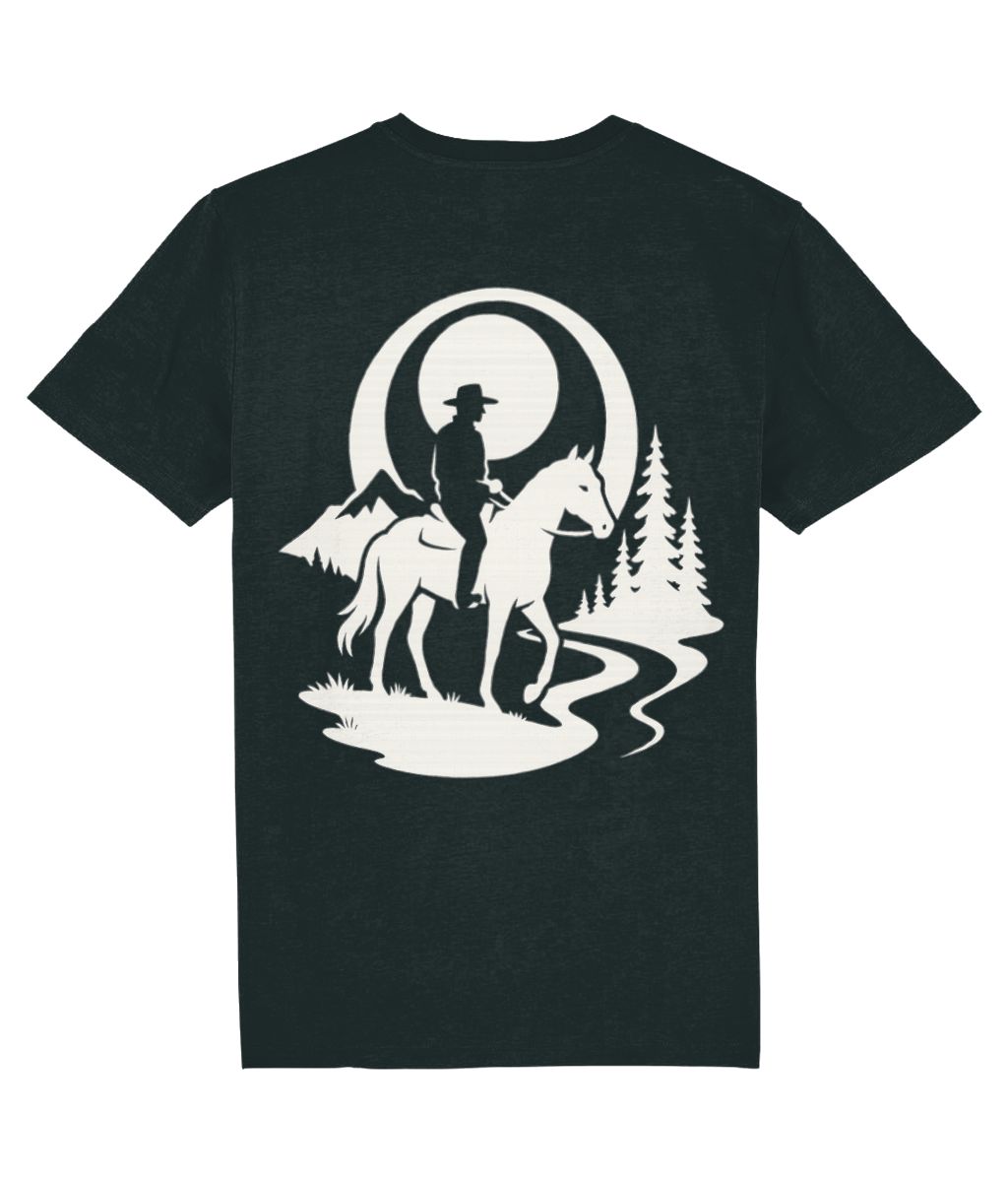 Black t-shirt with a white graphic of a cowboy on horseback in a forest at night.