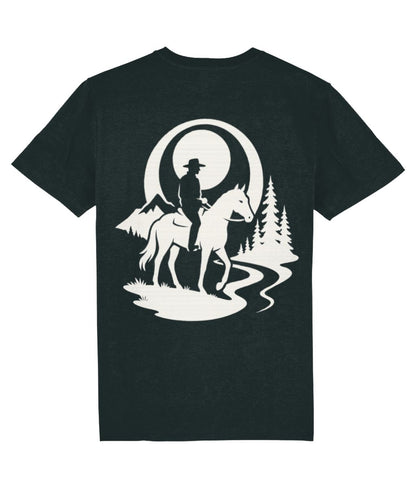 Black t-shirt with a white graphic of a cowboy on horseback in a forest at night.