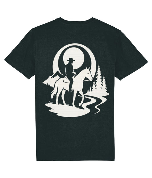 Black t-shirt with a white graphic of a cowboy on horseback in a forest at night.