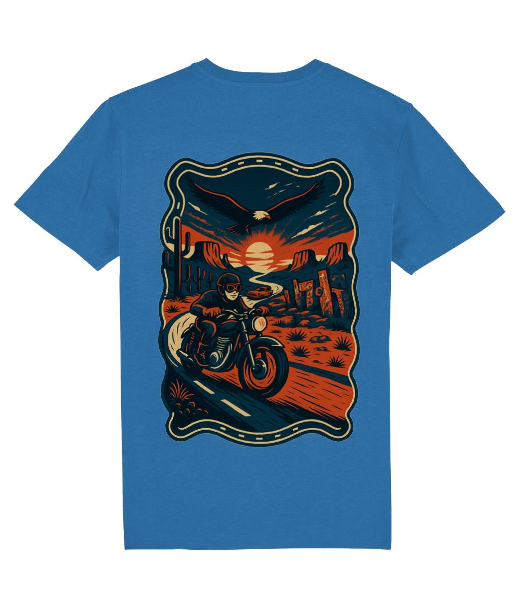 Blue t-shirt with a graphic of a person on a motorcycle in a desert landscape. Route 66