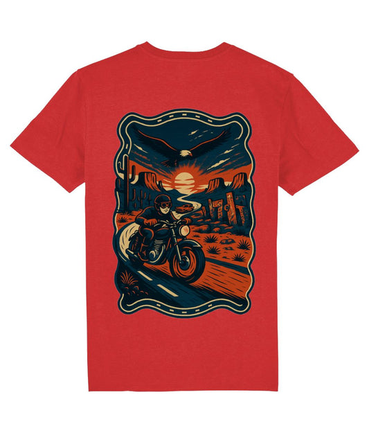 Red t-shirt with a graphic of a person on a motorcycle in a desert landscape. Route 66