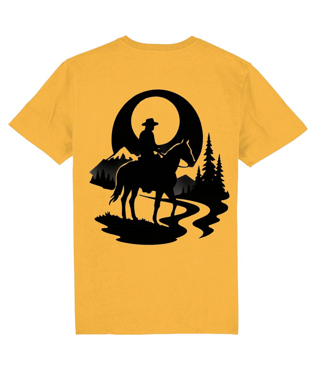 Yellow t-shirt with a black silhouette of a cowboy on a horse, mountains, and trees design.
