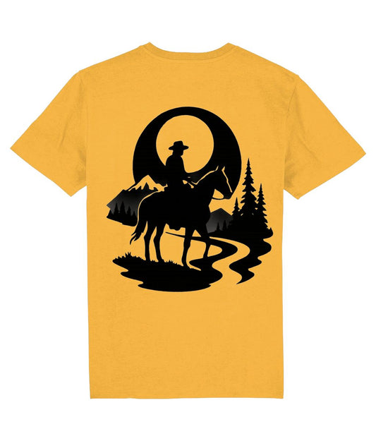 Yellow t-shirt with a black silhouette of a cowboy on a horse, mountains, and trees design.