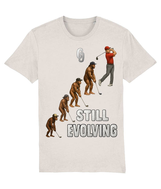 White t-shirt with a graphic of human evolution to a golfer and 'Still Evolving' text on a white background Golf T-shirt 